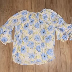 CHAPS Blue & Yellow Floral Blouse with key hole and bell sleeves TBD G